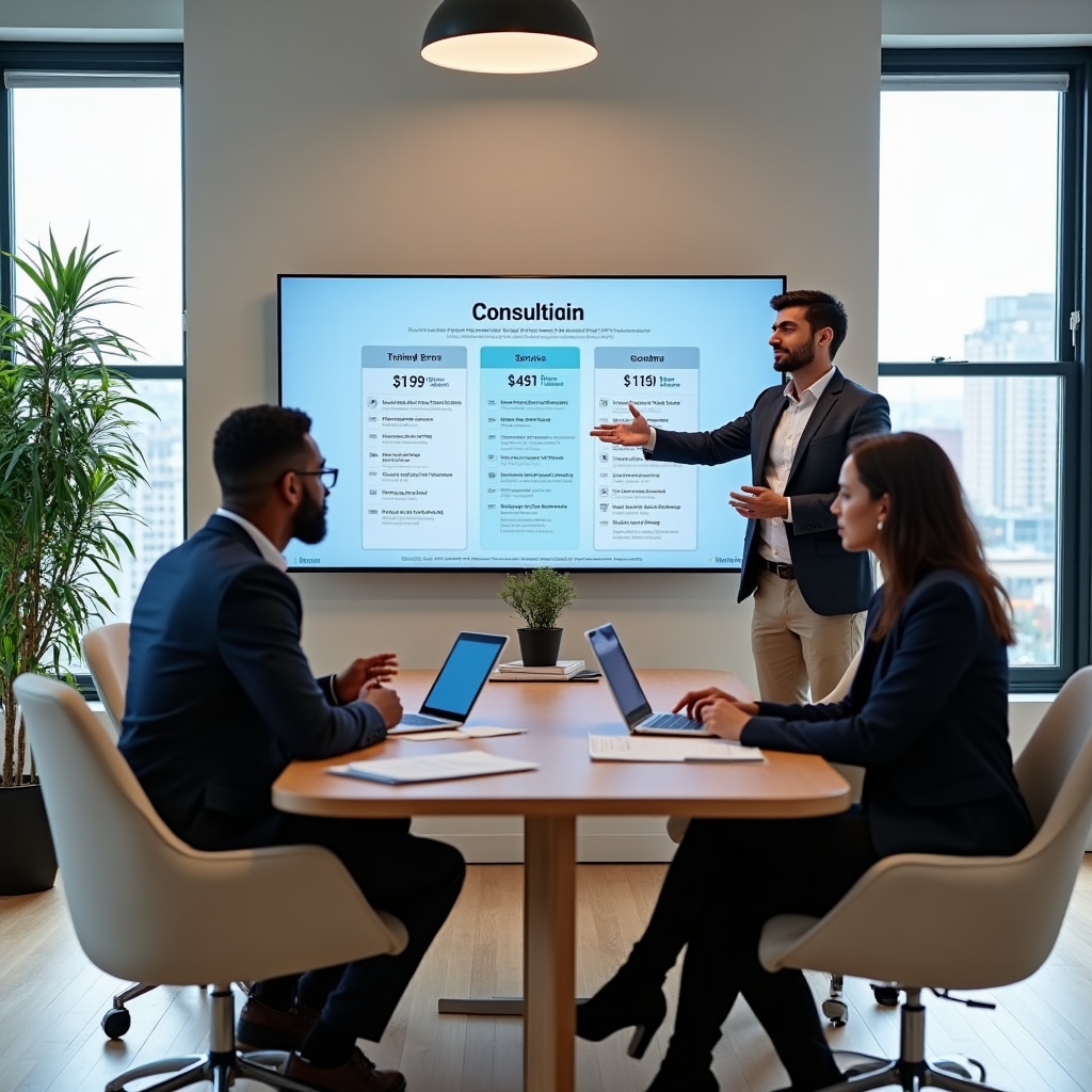 Professional consultation discussing energy efficiency assessment pricing and service options