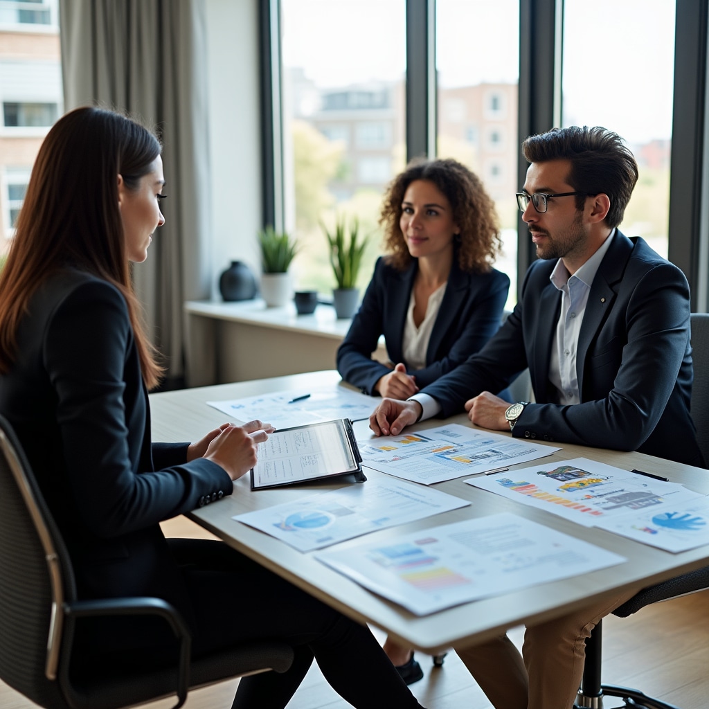 Real estate professional discussing property value and energy efficiency impact with clients